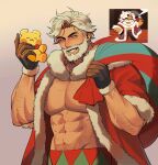  1boy abs absurdres bara beard chengzhineixihuanxiaogou christmas cookie_run eggnog_cookie facial_hair highres looking_at_viewer mature_male muscular muscular_male pectoral_cleavage pectorals smile stuffed_toy white_hair 