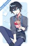  1boy axia_krone bangs black_hair black_nails blue_eyes blue_pants character_name commentary_request fork highres male_focus nijisanji pants solo sorbet_(food) suspenders utensil_in_mouth virtual_youtuber waka_(wk4444) 