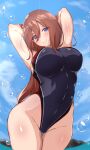  1girl arm_behind_head armpits black_swimsuit blue_eyes blue_sky breasts brown_hair cloud commentary_request competition_swimsuit covered_navel cowboy_shot day fisheye go-toubun_no_hanayome highleg highleg_swimsuit highres island large_breasts long_hair nakano_miku ocean one-piece_swimsuit outdoors presenting_armpit sky solo swimsuit water_drop yuzu_ren 