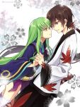  1boy 1girl alternate_hair_length alternate_hairstyle black_hakama blue_kimono brown_eyes brown_hair c.c. code_geass cosplay couple eye_contact green_hair hakama hetero highres holding_hands interlocked_fingers japanese_clothes katanagatari kimono lelouch_lamperouge long_hair looking_at_another low_ponytail miniskirt parted_lips profile purple_eyes purple_skirt shiny shiny_hair skirt smile straight_hair togame togame_(cosplay) twitter_username very_long_hair white_kimono yasuri_shichika yasuri_shichika_(cosplay) 