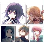  5boys ahoge bangs black_jacket black_scarf blonde_hair brown_gloves buttons character_request checkered_clothes checkered_scarf collarbone collared_shirt copyright_request danganronpa_(series) danganronpa_v3:_killing_harmony double-breasted eyebrows_visible_through_hair fingerless_gloves gloves green_hair green_jacket hair_between_eyes highres index_finger_raised injury jacket link multiple_boys off_shoulder open_mouth ouma_kokichi outside_border pink_hair pointy_ears ponytail portrait qiao_xing saihara_shuuichi scarf shirt short_hair sidelocks sword the_legend_of_zelda the_legend_of_zelda:_breath_of_the_wild weapon white_scarf white_shirt 