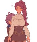  2girls ascot behind_another bernadetta_von_varley blush braid breasts cowboy_shot facial_mark fire_emblem fire_emblem:_three_houses garreg_mach_monastery_uniform hair_pulled_back height_difference high-waist_skirt kvlen long_hair medium_breasts miniskirt multiple_girls open_mouth petra_macneary purple_hair short_hair shy simple_background skirt white_background yuri 