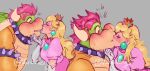  anthro armband armwear blonde_hair blush bowser bracelet clothed clothing collar crown digital_media_(artwork) duo ear_piercing ear_ring elbow_gloves eyes_closed female fingers gloves hair hand_on_chin handwear hi_res horn human human_on_anthro interspecies jewelry kissing koopa long_hair male male/female mammal mario_bros nintendo piercing princess_peach red_eyes red_hair scalie shell signature simple_background spiked_armband spiked_collar spikes spikes_(anatomy) variou-very video_games 