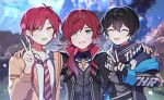  3boys aqua_eyes axia_krone black_hair black_scarf cardigan commentary_request ear_piercing ha_yun hair_behind_ear lauren_iroas male_focus multiple_boys necktie nijisanji nijisanji_kr piercing red_hair scarf v virtual_youtuber waka_(wk4444) yellow_eyes 