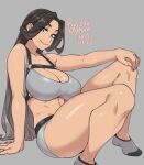  1girl abs agawa_ryou arm_support artist_name bangs bare_shoulders blue_eyes breasts brown_hair cleavage collarbone commentary covered_nipples dated english_commentary eyebrows_visible_through_hair flipped_hair full_body grey_background grey_legwear grey_shorts grey_sports_bra hand_on_own_knee large_breasts light_brown_hair long_hair looking_at_viewer multicolored_hair numbered original parted_bangs parted_lips puffy_nipples short_shorts shorts simple_background smile socks solo sports_bra teeth thick_thighs thighs tied_hair two-tone_hair very_long_hair 