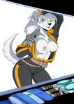  anthro blue_eyes breasts canid canine canis clothed clothing domestic_dog eyewear female fluffy fluffy_tail fur glasses hair hi_res mammal nipples open_mouth open_smile partially_clothed prosthetic prosthetic_arm prosthetic_limb smile solo white_body white_fur white_hair yawg 