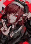  1girl absurdres bangs between_fingers black_nails cigarette commentary ear_piercing evil_smile habit hair_between_eyes halo highres jewelry long_hair looking_at_viewer open_mouth piercing red_background red_eyes red_hair rin_(rin7kan7) ring ringed_eyes smile solo swept_bangs upper_body 