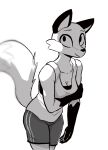  2022 anthro bottomwear breasts canid canine clothing digital_media_(artwork) enginetrap female fox fur gloves_(marking) hi_res mammal markings monochrome shirt shorts simple_background smile solo tank_top topwear white_background 