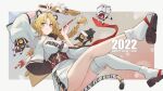  1girl 2020 absurdres afa animal_ears arrow_(projectile) asymmetrical_legwear bangs blonde_hair blush braid braided_ponytail breasts chinese_zodiac closed_mouth commission dinergate_(girls&#039;_frontline) eyebrows_visible_through_hair full_body girls&#039;_frontline happy_new_year highres holding holding_arrow japanese_clothes legs long_hair looking_at_viewer medium_breasts new_year purple_eyes s-acr_(girls&#039;_frontline) sandals simple_background smile socks solo tail thighhighs tiger_ears tiger_tail white_legwear year_of_the_tiger 