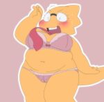  alphys alpi anthro belly big_breasts blush bodily_fluids bra breasts buckteeth chubby_anthro chubby_female clothed clothing deep_navel eyewear female front_view glasses hi_res lizard looking_at_breasts looking_at_own_breasts looking_at_self looking_down looking_down_at_self navel necktie non-mammal_breasts open_mouth panties portrait reptile scales scalie short_stack simple_background skimpy slightly_chubby solo surprise sweat teeth thick_tail thick_thighs three-quarter_portrait undertale_(series) underwear yellow_body yellow_scales 