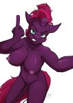  anthro blue_eyes clenched_teeth equid equine female fluffy fluffy_tail friendship_is_magic fur genitals gesture hair hi_res horse mammal middle_finger my_little_pony my_little_pony:_the_movie_(2017) nipples open_mouth pony purple_body purple_fur purple_hair pussy scar solo teeth tempest_shadow_(mlp) yawg 
