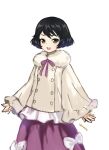  1girl :d a-pose artist_name bangs black_eyes black_hair bob_cut bow buttons coat cowboy_shot double-breasted dress dress_bow fur_trim girls_und_panzer long_hair long_sleeves looking_at_viewer neck_ribbon open_mouth purple_bow purple_dress ribbon short_hair signature simple_background smile solo teeth upper_teeth utsugi_yuuki white_background white_bow white_coat yu_sakurai06 