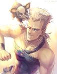  1boy abs bare_shoulders blue_eyes boston_terrier dog dyresbroom earrings grey_hair iggy_(jojo) jean_pierre_polnareff jewelry jojo_no_kimyou_na_bouken male_focus messy_hair shirt stardust_crusaders sunlight terrier_(dog) tight tight_shirt 