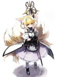  1girl absurdres animal_ear_fluff animal_ears arknights bangs bare_shoulders black_footwear black_gloves blonde_hair blue_hairband blush boots braid brown_eyes commentary_request eyebrows_visible_through_hair fox_ears fox_girl fox_tail frilled_skirt frills full_body gloves hair_rings hairband highres holding kitsune looking_at_viewer mkmk_osakanakun multicolored_hair pantyhose parted_lips purple_skirt shirt single_glove skirt solo standing suzuran_(arknights) tail twin_braids two-tone_hair white_background white_hair white_legwear white_shirt 