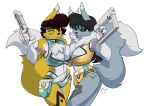  anthro anthro_on_anthro bandai_namco black_hair brown_hair clothed clothing digimon digimon_(species) duo female female/female fluffy fluffy_tail fur green_eyes grey_body grey_fur hair holding_object holding_weapon multicolored_body multicolored_fur one_eye_closed open_mouth open_smile partially_clothed purple_eyes renamon smile teeth two_tone_body two_tone_fur weapon white_body white_fur yawg yellow_body yellow_fur 