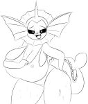  anthro big_breasts blush breasts cleavage clothed clothing eeveelution female hand_on_butt hi_res huge_breasts looking_at_viewer nintendo open_mouth ota_(artist) pok&eacute;mon pok&eacute;mon_(species) simple_background sketch solo swimwear thick_thighs vaporeon video_games wet 
