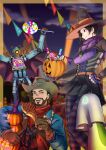  1girl 2boys absurdres anemia_kwus apex_legends black_hair black_headwear black_skirt bodice brown_jacket candy cowboy_hat facial_hair food goatee hair_behind_ear halloween halloween_bucket hat highres holding holding_candy holding_food holding_lollipop jack-o&#039;-lantern jacket lollipop mirage_(apex_legends) mistress_of_evil_wraith multiple_boys old_town_mirage one-eyed orange_eyes pathfinder_(apex_legends) pork purple_scarf red_bandana scarf science_fiction skirt smile witch witch_hat wraith_(apex_legends) 