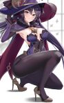  1girl absurdres armpits black_gloves black_legwear blue_eyes breasts full_body genshin_impact gloves hand_on_headwear hat highres legs long_sleeves looking_at_viewer mona_(genshin_impact) musicatopos pantyhose purple_hair solo squatting twintails witch_hat 