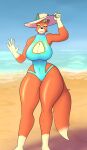  absurd_res animal_crossing anthro audie_(animal_crossing) beach bedroom_eyes big_breasts breasts canid canine canis cleavage cleavage_cutout clothed clothing curvy_figure dipstick_tail female gesture hi_res hourglass_figure huge_breasts huge_thighs jigglephysics looking_at_viewer mammal markings narrowed_eyes navel nintendo one-piece_swimsuit seaside seductive small_waist solo sun_hat swimwear tail_markings thick_thighs video_games voluptuous waving waving_at_viewer wide_hips wolf 