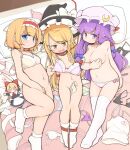  3girls alice_margatroid blonde_hair blue_eyes bra bra_removed breasts covering covering_breasts crescent crescent_hat_ornament fang foot_out_of_frame full_body hat hat_ornament highres kirisame_marisa long_hair medium_breasts mob_cap multiple_girls on_bed patchouli_knowledge purple_eyes purple_hair shanghai_doll skin_fang touhou turnip_kabura underwear witch_hat yellow_eyes yuri 