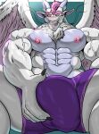  abs absurd_res anthro asian_mythology big_muscles blush bulge chest_tuft clothed clothing dragon east_asian_mythology eastern_dragon feathered_wings feathers hair hand_on_bulge hi_res huge_muscles low-angle_view male masterelrest multicolored_body muscular muscular_male mythology open_mouth pink_hair solo solo_focus tongue tongue_out tuft two_tone_body underwear underwear_only veiny_muscles white_body wings 