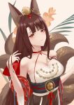  1girl absurdres akagi_(azur_lane) akagi_(dawn_phoenix&#039;s_summons)_(azur_lane) animal_ears arm_up artist_name azur_lane bangs bare_shoulders blush breasts brown_eyes brown_hair china_dress chinese_clothes cleavage closed_mouth collarbone dress eyebrows_visible_through_hair fox_ears fox_tail highres ichikushi_mojibake large_breasts lips long_hair looking_at_viewer official_alternate_costume simple_background solo tail upper_body 