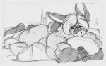  anthro bed biceps big_muscles candle feet fur furniture hair holly_(perenthesis) lagomorph leporid lying male mammal monochrome muscular muscular_anthro muscular_male nude perenthis pillow rabbit simple_background solo 