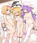  3girls alice_margatroid blonde_hair blue_eyes bra bra_removed breasts covering covering_breasts crescent crescent_hat_ornament fang foot_out_of_frame full_body hat hat_ornament highres kirisame_marisa long_hair medium_breasts mob_cap multiple_girls on_bed patchouli_knowledge purple_eyes purple_hair shanghai_doll skin_fang touhou turnip_kabura underwear witch_hat yellow_eyes 
