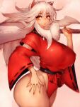  1girl adapted_costume animal_ears bead_necklace beads breasts cropped_legs curvy dog_ears dog_girl eyebrows fumio_(rsqkr) genderswap genderswap_(mtf) hand_on_own_thigh highres huge_breasts huge_weapon inuyasha inuyasha_(character) japanese_clothes jewelry lips long_hair long_sleeves necklace oversized_object sideboob tetsusaiga thick_thighs thighs weapon white_hair wide_hips 