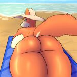  absurd_res animal_crossing anthro audie_(animal_crossing) back_boob beach big_breasts big_butt breast_squish breasts butt butt_focus canid canine canis erect_nipples female glistening glistening_body hi_res huge_butt huge_thighs jigglephysics looking_at_viewer lying mammal nintendo nipples on_front presenting presenting_hindquarters seaside side_boob solo squish sun_hat thick_thighs video_games wide_hips wolf 