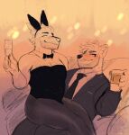  alcohol anthro beard beer beverage black_nose blush body_hair bow_tie bunny_costume business_suit canid canine canis chest_hair chest_tuft clothed clothing colored_sketch costume coyote crossdressing desertmotels digital_media_(artwork) duo embarrassed eyes_closed facial_hair fake_ears fake_rabbit_ears flirting flustered front_view fur girly hair legwear looking_away male male/male mammal mature_male moobs musclegut necktie nervous on_lap overweight overweight_male party public short_hair shy simple_background sitting_on_lap sitting_on_person sketch slightly_chubby smile stockings suit tex_(desertmotels) tex_(scpkid) tight_clothing tuft wolf 