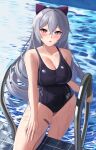  1girl :o absurdres aircell bandaid bangs blue_swimsuit blush bow breasts bronya_zaychik bronya_zaychik_(silverwing:_n-ex) cleavage drill_hair grey_eyes grey_hair hair_bow highres holding honkai_(series) honkai_impact_3rd long_hair looking_at_viewer one-piece_swimsuit open_mouth pool pool_ladder poolside solo swimsuit twin_drills water wet wet_clothes 