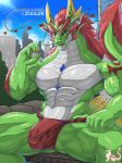  abs absurd_res anthro asian_mythology black_sclera bottomwear building bulge clothed clothing dragon east_asian_mythology eastern_dragon gem green_body hi_res loincloth loincloth_only looking_at_viewer male masterelrest multicolored_body muscular muscular_male muscular_thighs mythology scar sitting sky solo solo_focus text topless topless_male tower two_tone_body veiny_muscles ziaojin 