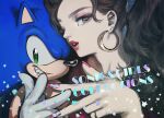  1boy 1girl brown_hair cover cover_page doujin_cover earrings eyeshadow furry furry_male gloves green_eyes hedgehog_ears hoop_earrings jewelry looking_at_viewer makeup parted_lips pink_eyeshadow ponytail purin_(iddunpg) smirk sonic_(series) sonic_the_hedgehog star_(symbol) v white_gloves 