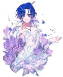  1boy androgynous bangs blue_hair detached_sleeves dress english_commentary flower gradient_hair hand_on_own_shoulder highres indie_virtual_youtuber male_focus multicolored_hair open_hand otoko_no_ko p0p0 pearl_(vtuber) pectoral_cleavage pectorals purple_flower purple_hair second-party_source solo virtual_youtuber white_background white_dress 