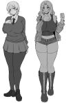  2girls absurdres blonde_hair blush boots braid braided_bun breasts darjeeling_(girls_und_panzer) eyebrows_visible_through_hair girls_und_panzer greyscale hair_between_eyes highres huge_breasts kay_(girls_und_panzer) looking_at_viewer medium_hair monochrome multiple_girls niu_ju_(orange_bull) pantyhose short_hair short_shorts shorts skirt smile thighhighs 