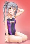  1girl anti_(untea9) black_swimsuit blush breasts check_commentary collarbone commentary_request competition_swimsuit covered_navel gradient gradient_background grey_hair highres kantai_collection kasumi_(kancolle) long_hair looking_at_viewer multicolored_clothes multicolored_swimsuit one-piece_swimsuit open_mouth pink_background purple_swimsuit side_ponytail silver_hair sitting small_breasts solo swimsuit twitter_username wariza yellow_eyes 