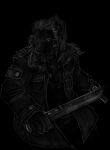  2021 anthro biped black_background clothed clothing digital_media_(artwork) gun holding_gun holding_object holding_sword holding_weapon jacket male melee_weapon pav ranged_weapon simple_background solo species_request sword topwear weapon 