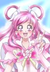  1girl :d blue_background blush butterfly_brooch cure_dream earrings flower_brooch hair_rings jewelry long_hair looking_at_viewer magical_girl open_mouth pink_hair pink_theme precure purple_eyes shining_dream shiny shiny_hair shunciwi smile solo upper_body v white_wings wing_hair_ornament wings wrist_cuffs yes!_precure_5 yes!_precure_5_gogo! yumehara_nozomi 