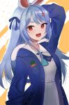  1girl :d animal_ears arm_up bangs blue_hair blue_jacket blue_neckerchief blue_ribbon breasts bunny-shaped_pupils carrot_hair_ornament choker double_bun dress food-themed_hair_ornament fur-trimmed_jacket fur_trim hair_ornament hair_ribbon hairclip highres hololive jacket long_hair looking_at_viewer neckerchief orange_eyes rabbit_ears rabbit_girl ribbon sailor_collar sailor_dress small_breasts smile solo swept_bangs symbol-shaped_pupils thick_eyebrows tied_ears two_side_up umikotatsu usada_pekora v-shaped_eyebrows virtual_youtuber white_choker white_dress white_sailor_collar 