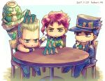  4boys black_hair blue_eyes chain chibi dyresbroom earrings flat_top green_eyes grey_hair hierophant_green house_of_cards jean_pierre_polnareff jewelry jojo_no_kimyou_na_bouken kakyoin_noriaki kujo_jotaro male_focus multiple_boys purple_eyes red_hair round_table stand_(jojo) stardust_crusaders 