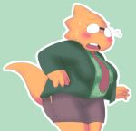  alphys alpi anthro belly big_breasts blush bodily_fluids bottomwear breasts buckteeth chubby_anthro chubby_female clothed clothing deltarune dress_shirt eyewear female flying_sweatdrops front_view frown glasses hi_res jacket lizard necktie nervous non-mammal_breasts open_frown open_mouth portrait reptile scales scalie shirt short_stack simple_background skirt slightly_chubby solo sweat sweatdrop teeth thick_tail thick_thighs three-quarter_portrait three-quarter_view topwear torn_bottomwear torn_clothing torn_skirt undertale_(series) video_games wardrobe_malfunction wide_hips yellow_body yellow_scales 