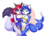  2020 accessory alpha_channel anthro armor bandeau black_nose blue_eyes blue_hair bottomwear breast_squish breasts canid canine cheek_tuft chest_tuft cleavage_cutout clothed clothing digital_media_(artwork) dipstick_ears dipstick_tail duo eyelashes facial_tuft female fingerless_(marking) fox furgonomics gloves_(marking) hair hair_accessory hairband hand_holding inner_ear_fluff interlocked_fingers jewelry krystal loincloth long_hair looking_at_viewer mammal markings metalpandora multicolored_ears multicolored_tail navel necklace nintendo raksha_(metalpandora) red_hair short_hair simple_background smile squish star_fox tail_accessory tail_markings tailband topwear transparent_background tribal tribal_markings tuft vambraces video_games watermark 