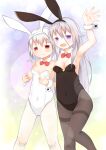  2girls :d :i animal_ears arm_grab arm_up bangs black_hairband black_leotard bow bowtie breasts brown_legwear closed_mouth collar commentary_request covered_navel detached_collar eyebrows_visible_through_hair fake_animal_ears feet_out_of_frame grey_hair hair_between_eyes hairband highres knees_together_feet_apart leotard long_hair multiple_girls original pantyhose playboy_bunny pout purple_eyes rabbit_ears red_bow red_bowtie red_eyes silver_hair small_breasts smile standing standing_on_one_leg su_guryu thighband_pantyhose very_long_hair white_collar white_hairband white_legwear white_leotard wing_collar wrist_cuffs 