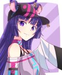  1girl animal_ears bangs bare_shoulders baseball_cap black_headwear character_request closed_mouth e20 ear_piercing ears_through_headwear eyebrows_visible_through_hair grey_shirt halo hat long_hair looking_at_viewer off-shoulder_shirt off_shoulder piercing purple_eyes purple_hair shirt show_by_rock!! smile solo upper_body wings 