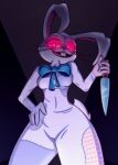  clothing costume female first_person_view five_nights_at_freddy&#039;s five_nights_at_freddy&#039;s:_security_breach glowing glowing_eyes knife krumperoni lagomorph mammal red_eyes scottgames smile smiling_at_viewer solo vanny_(fnaf) video_games 
