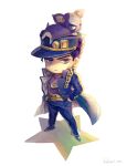  1boy animal_on_head black_hair blue_eyes boston_terrier chain dog dyresbroom gakuran hand_in_pocket iggy_(jojo) jojo_no_kimyou_na_bouken kujo_jotaro long_coat male_focus on_head purple_eyes school_uniform star_(symbol) stardust_crusaders terrier_(dog) 