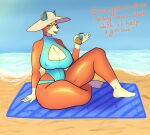  absurd_res animal_crossing anthro audie_(animal_crossing) beach bedroom_eyes big_breasts breasts canid canine canis cleavage cleavage_cutout clothed clothing curvy_figure dialogue dipstick_tail erect_nipples female hi_res holding_object hourglass_figure huge_breasts huge_thighs jigglephysics looking_at_viewer mammal markings narrowed_eyes navel nintendo nipple_outline nipples one-piece_swimsuit seaside seductive sitting small_waist solo sun_hat sun_lotion swimwear tail_markings thick_thighs video_games voluptuous wide_hips wolf 