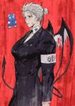  1girl breasts dorohedoro earrings formal gloves hair_bun highres jewelry long_hair muscular muscular_female necktie noi_(dorohedoro) park_ongjol red_eyes skirt solo tail white_hair wings 