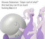 ambiguous_gender anthro duo english_text eyes_closed gastropod_shell goodra lysergide meme mollusk_shell nintendo nude open_mouth parody pok&eacute;mon pok&eacute;mon_(species) profanity purple_body shell simple_background slaps_roof_of_car text video_games 
